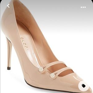 Gucci Nude Pink Patent Leather Button Strap Pumps